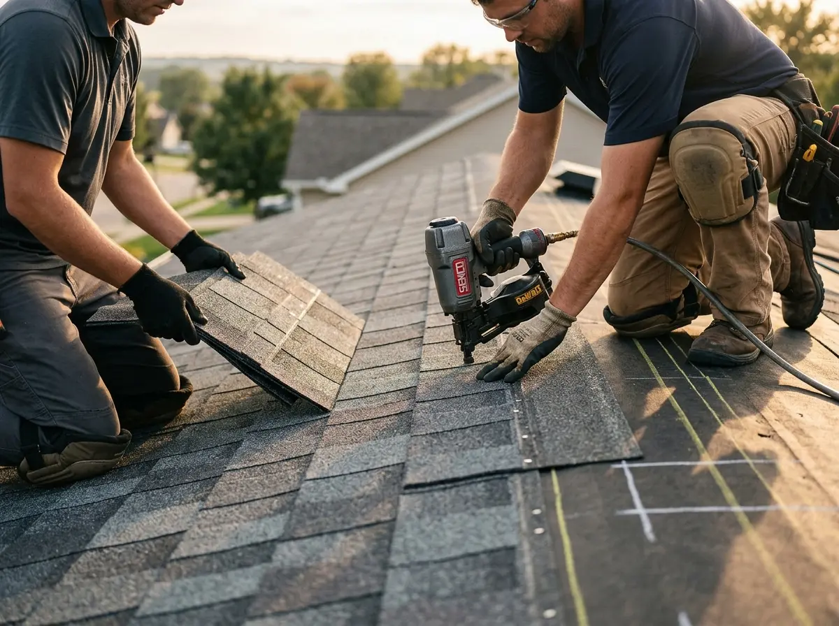 Professional roofer working on a residential roof in Dacono
